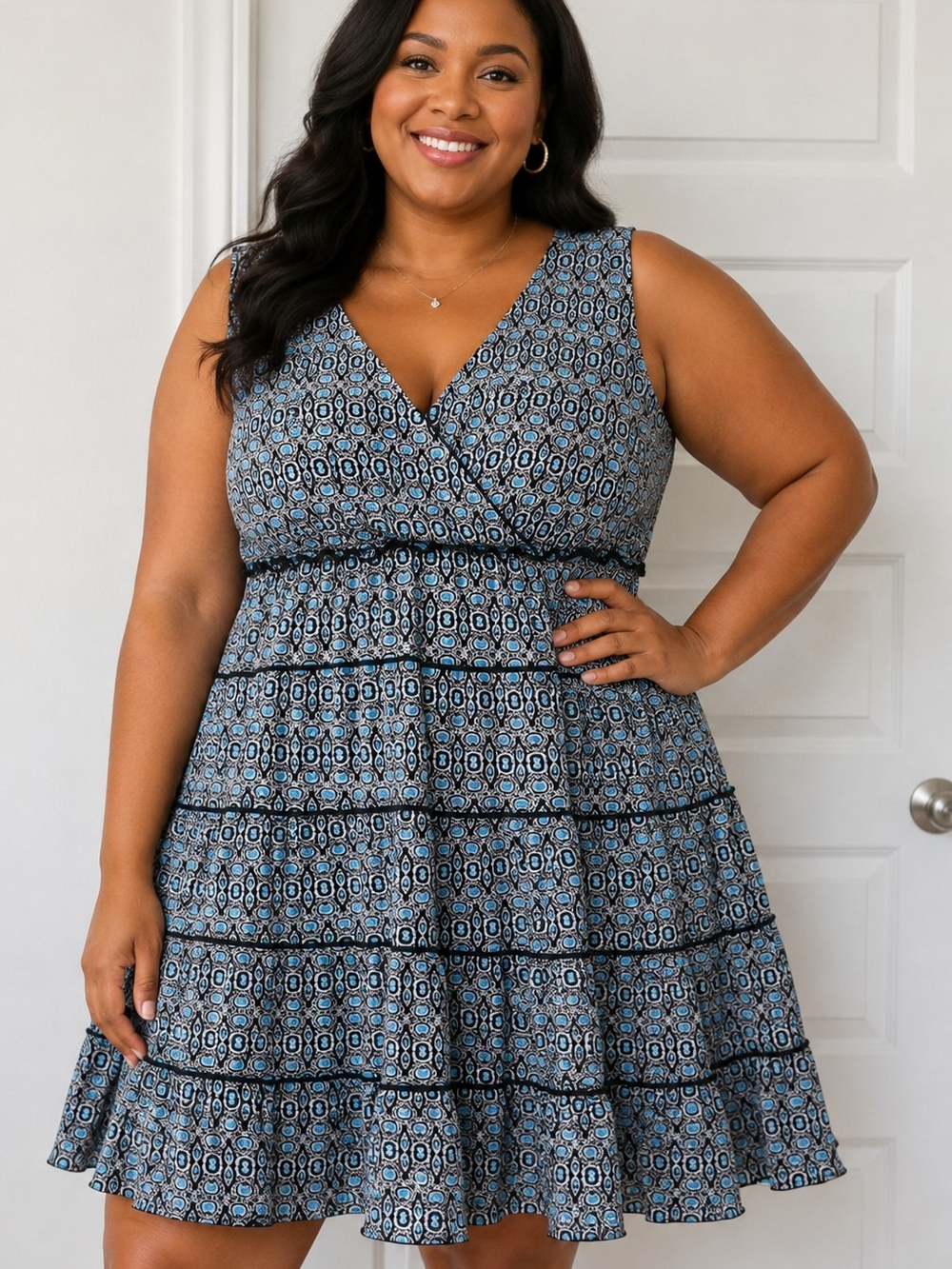 Blue Patterned V-Neck Tiered Sundress